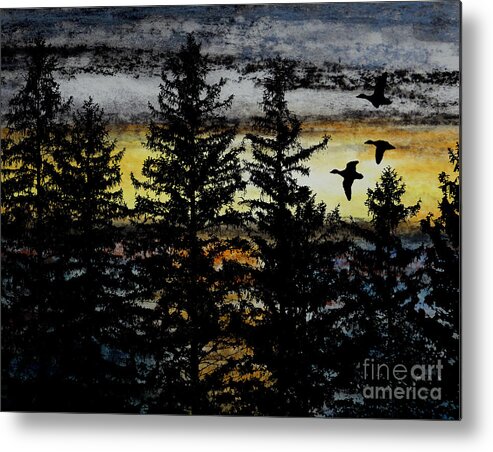 Wildlife Vast Spaces Outdoors Duck Pastel Photo Composite Winter Night Waterfowl Rugged Northern Migratory Migration Outdoor Masculine Manly Male Kyllo Hunting Hunt Artwork Art Pine Fir Black Trees Evergreen Tree Boreal Forest Cold Lake Silhouette Painting Flyway Wilderness Wild Sunset Sundown Skyscape Sky Scenic Scene Migrating Luminous Luminism Late Landscape Beautiful Flight Glide Birds Bird Water Lake Orange Red Night Ducks Metal Print featuring the mixed media Waters Beyond by R Kyllo