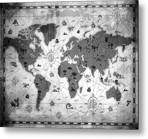 Texture Metal Print featuring the mixed media Whimsical World Map BW by Angelina Tamez
