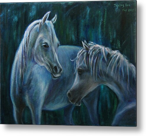 Horses Metal Print featuring the painting Whispering... by Xueling Zou
