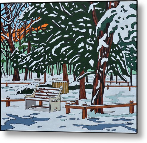 Valley Stream Metal Print featuring the painting Winter on State Park Bench by Mike Stanko