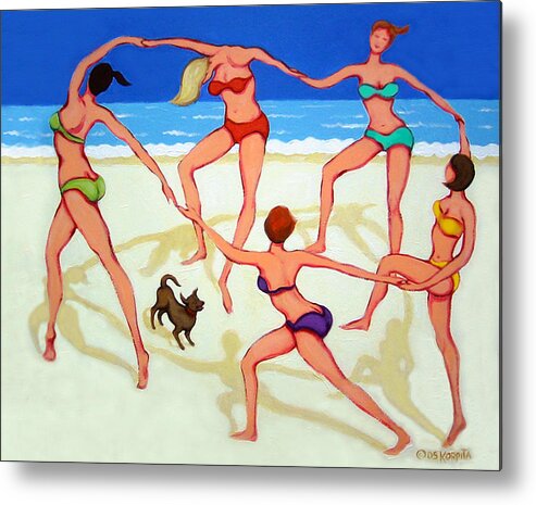 Women Dancing On Beach Metal Print featuring the painting Women Dancing on Beach - Happy Dance by Rebecca Korpita