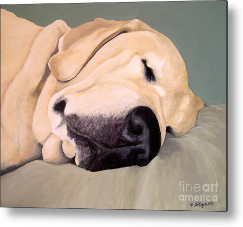  Lab Metal Print featuring the painting Yellow Lab - A Head Pillow Is Nice by Amy Reges