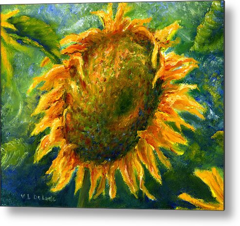 Luscious Metal Print featuring the painting Yellow Sunflower Art in Blue and Green by Lenora De Lude