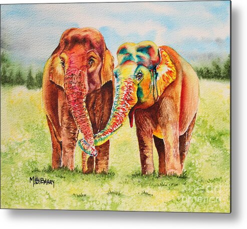 Asian Elephants. Indian Elephants. Colorful Elephants. Trunks Linked. Mammals Metal Print featuring the painting You Color My World by Maria Barry