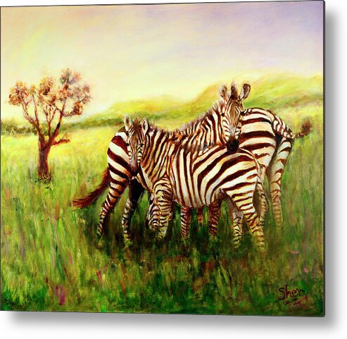 Zebra Metal Print featuring the painting Zebras at Ngorongoro Crater by Sher Nasser