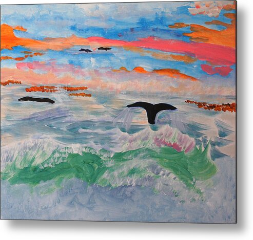 Waves Metal Print featuring the painting Misty Sea at Sunset by Meryl Goudey