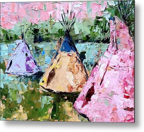 Indian Metal Print featuring the painting Tepees Times Three #1 by Sylvia Miller