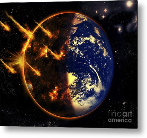 Concept Metal Print featuring the digital art A Swarm Of Deadly Meteorites Impact by Tomasz Dabrowski
