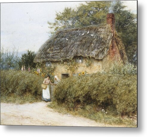 A Thatched Cottage Near Peaslake Metal Print featuring the painting A Thatched Cottage near Peaslake Surrey by Helen Allingham