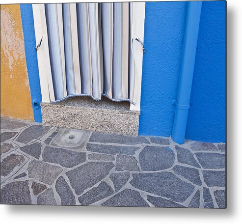 Art Metal Print featuring the photograph Burano Venice Italy Photograph Blue White Orange Wall Art by Nadja Drieling - Flower- Garden and Nature Photography - Art Shop