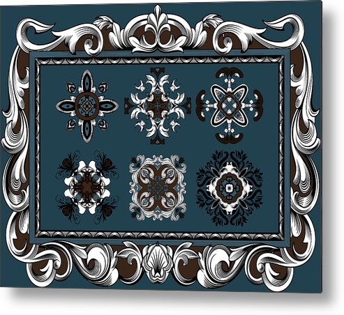Intricate Metal Print featuring the digital art Coffee Flowers Ornate Medallions 6 Piece Collage Mediterranean by Angelina Tamez
