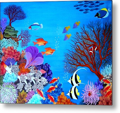 Marine Life--fish--corals--underwater Metal Print featuring the painting Coral Garden by Fram Cama