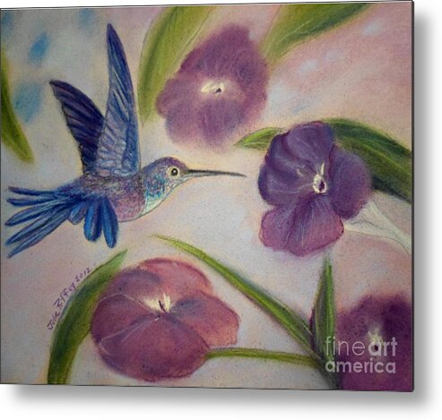 Hummingbird Metal Print featuring the pastel Hummingbird in Purple Flowers by Julie Brugh Riffey