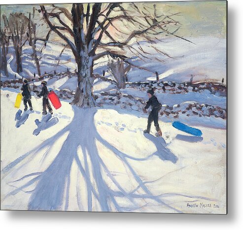 Toboggan Metal Print featuring the painting obogganers near Youlegrave by Andrew Macara