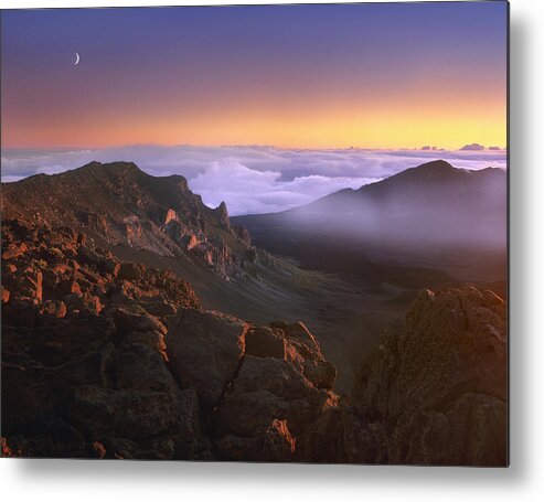 00176798 Metal Print featuring the photograph Sunrise And Crescent Moon Overlooking by Tim Fitzharris