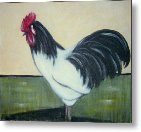 Rooster Metal Print featuring the painting White and black rooster by Joseph Ferguson