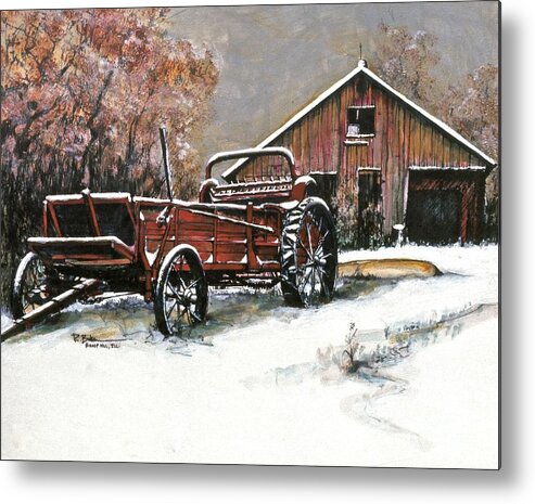 Winter Barn With Farm Equipment Metal Print featuring the painting Winter Barn with Farm Equipment by Robert Birkenes