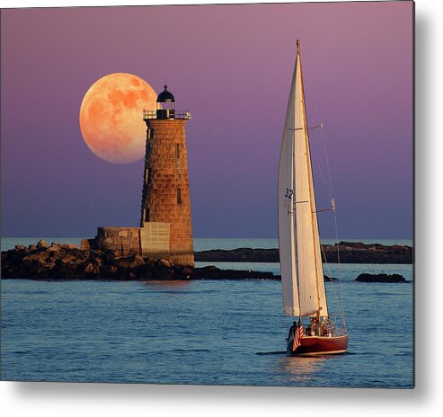 Moon Lunar Full Moon Sea Sailboat Boat Sunset Sunrise Dawn Dusk Astronomy Astronomical Water Peaceful Peace Quiet Nautical Lighthouse Light House Seashore Metal Print featuring the photograph Arise #1 by Larry Landolfi