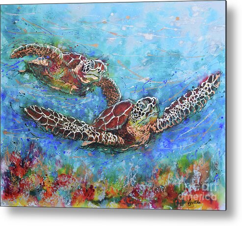 Marine Turtles Metal Print featuring the painting Gliding Turtles by Jyotika Shroff