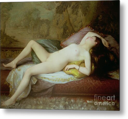 Nude Metal Print featuring the painting Nude lying on a chaise longue by Gustave-Henri-Eugene Delhumeau