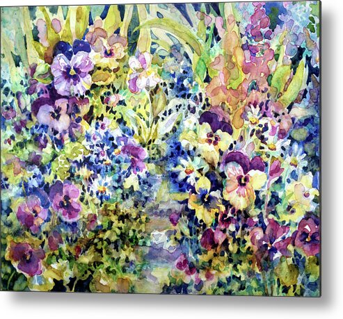 Watercolor Metal Print featuring the painting Pansy Path #1 by Ann Nicholson