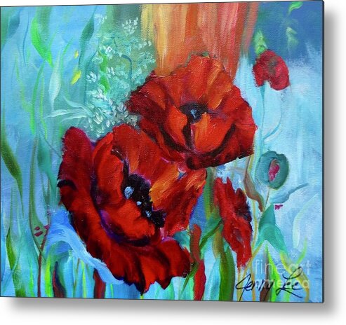 Red Poppies Print Metal Print featuring the painting Red Poppies #2 by Jenny Lee