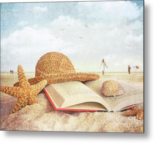 Abstract Metal Print featuring the photograph Straw hat book and seashells in the sand #1 by Sandra Cunningham