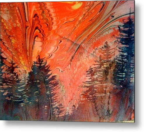 Evergreen Trees Metal Print featuring the painting Trees on Red Marbled Paper by Denice Palanuk Wilson
