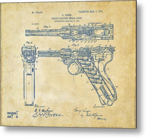 Luger Metal Print featuring the digital art 1904 Luger Recoil Loading Small Arms Patent - Vintage by Nikki Marie Smith
