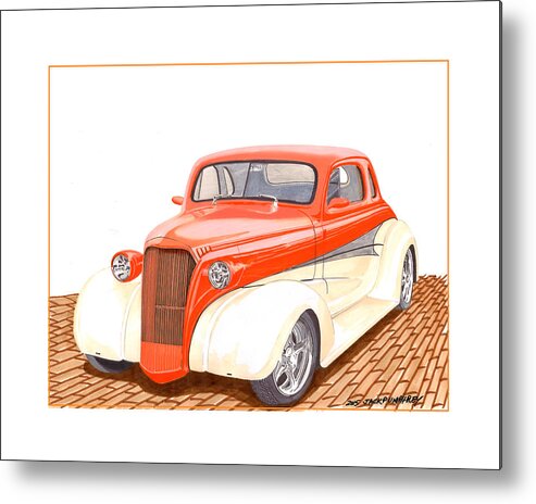 This Watercolor & Ink Painting Of A 1937 Chevrolet Coupe Is A Full Frame Restoration Metal Print featuring the painting 1937 Chevrolet street rod by Jack Pumphrey