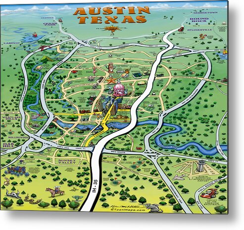 Austin Metal Print featuring the digital art Austin Texas Cartoon Map #2 by Kevin Middleton