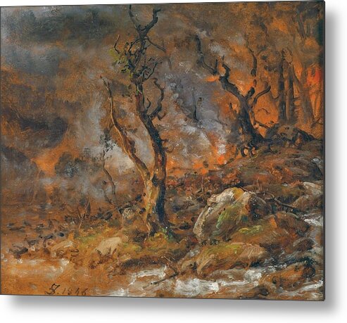 Forest Fire By Johan Christian Dahl Metal Print featuring the painting Forest Fire by Johan Christian