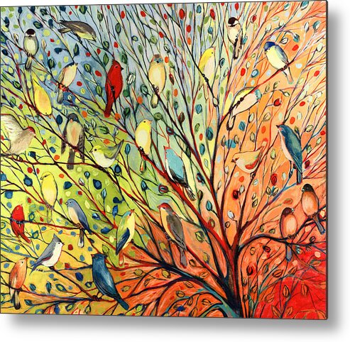 Bird Tree Rainbow Red Green Blue Peach Cardinal Chickadee Sparrow Robin Friends Metal Print featuring the painting 27 Birds by Jennifer Lommers