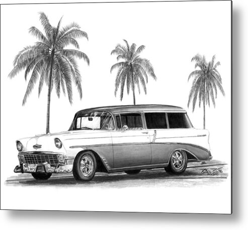 1957 Chevrolet Wagon Metal Print featuring the drawing 56 Chevy Wagon by Peter Piatt