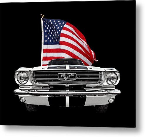 Ford Mustang Metal Print featuring the photograph 66 Mustang With U.S. Flag On Black by Gill Billington