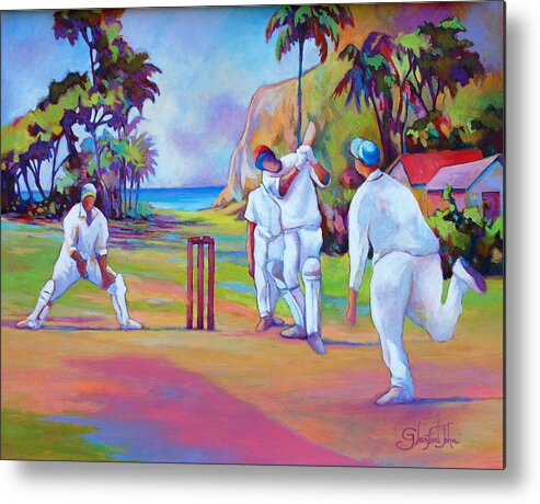Landscape Metal Print featuring the painting A cricket game by Glenford John