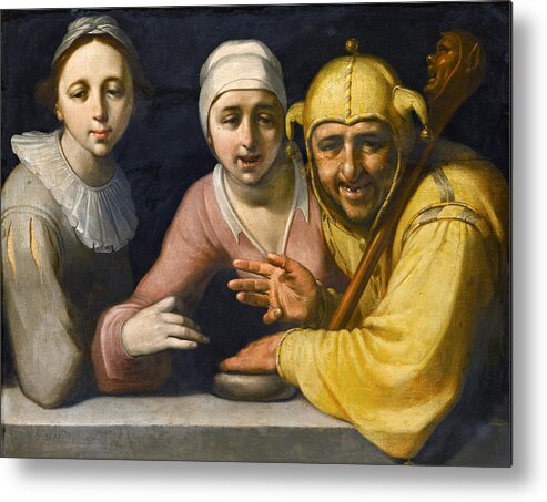 Cornelis Cornelisz Van Haarlem Metal Print featuring the painting A Fool with two women by Cornelis Cornelisz van Haarlem