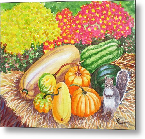 Watercolor Metal Print featuring the painting A Squirrel and Pumpkins.2007 by Natalia Piacheva