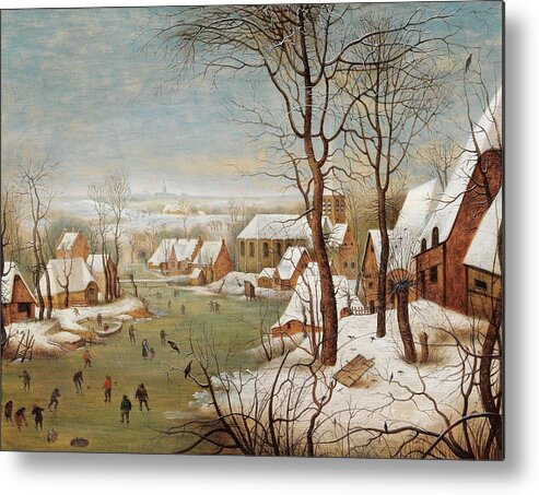 Pieter Brueghel Ii (brussels 1564-1637-38 Antwerp) A Winter Landscape With A Village And A Bird Trap Metal Print featuring the painting A winter landscape with a village and a bird trap, by Celestial Images