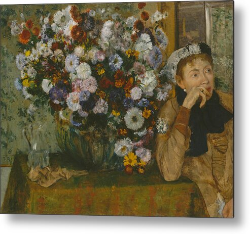19th Century Art Metal Print featuring the painting A Woman Seated beside a Vase of Flowers by Edgar Degas