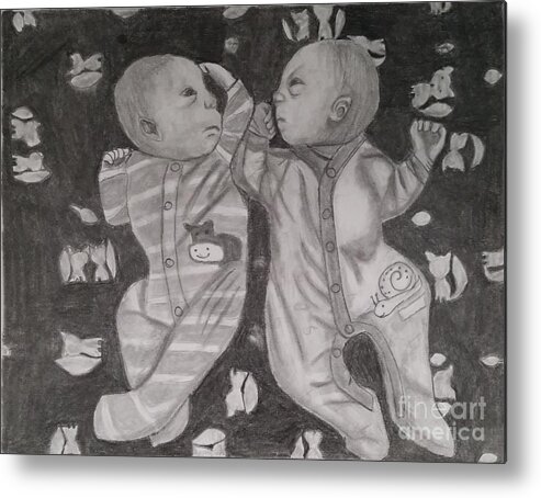 Babies Metal Print featuring the drawing Aaron And Henry by Kitty Perkins