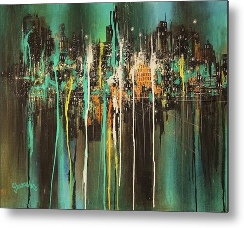 Semi-abstract; City Lights; City At Night; Tom Shropshire Paintings; Impressionistic; Night Lights; Cityscape; Urban Landscape Metal Print featuring the painting Across The Bay by Tom Shropshire