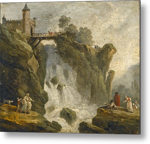 Hubert Robert Metal Print featuring the painting An Artist sketching with other Figures beneath a Waterfall by Hubert Robert