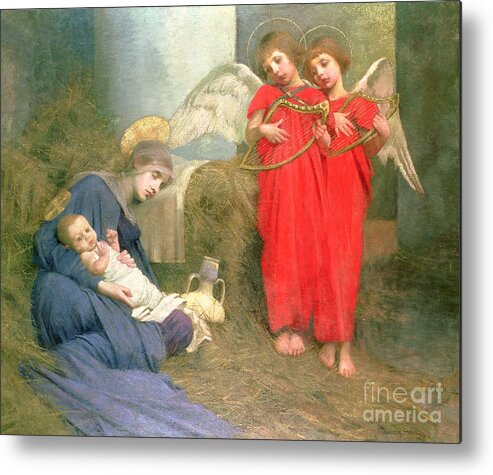 Stable; Lyre; Musical Instrument; Sleeping; Straw Metal Print featuring the painting Angels Entertaining the Holy Child by Marianne Stokes