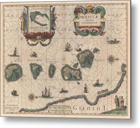 Antique Map Of Maluku Islands Metal Print featuring the drawing Antique Maps - Old Cartographic maps - Antique Map of The Moluccas, Indonesia - Maluku Islands, 1640 by Studio Grafiikka