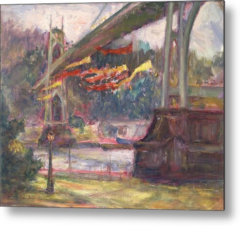 Quin Sweetman Metal Print featuring the painting Artful Activism, St Johns Bridge, Original Contemporary Impressionist Oil Painting by Quin Sweetman