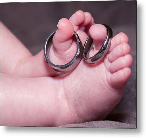 Baby Metal Print featuring the photograph Baby Feet With Wedding Rings by Susan Cliett