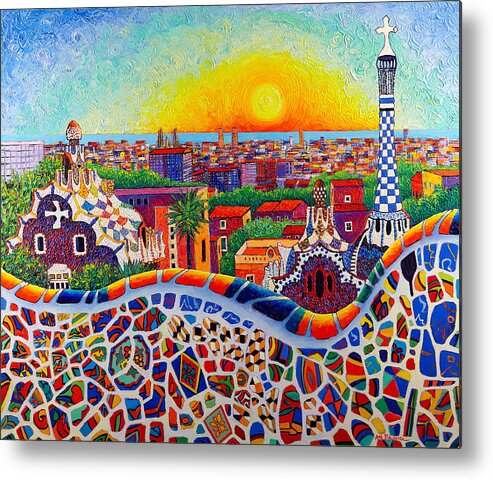 Barcelona Metal Print featuring the painting BARCELONA SUNRISE COLORS FROM PARK GUELL modern impressionism knife oil painting Ana Maria Edulescu by Ana Maria Edulescu