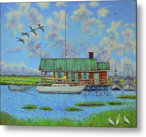 Boathouse Near The Intracoastal Marsh Sailboat Shrimp Boats Egrets Pellicans South Carolina Sullivan's Island Metal Print featuring the painting Barriar Island Boathouse by Dwain Ray