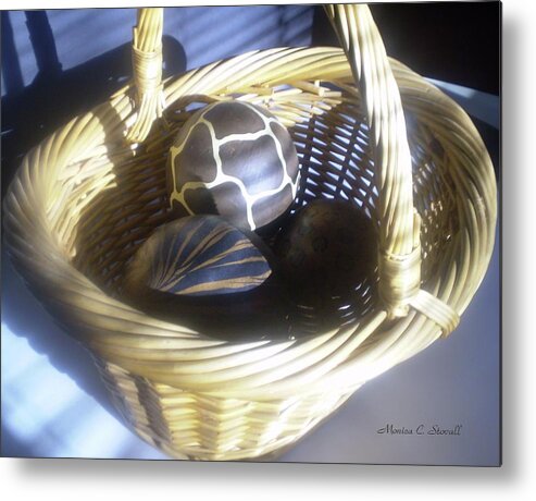 Buy Metal Print featuring the photograph Basket with Brown Patterned Decor in the Sunlight by Monica C Stovall